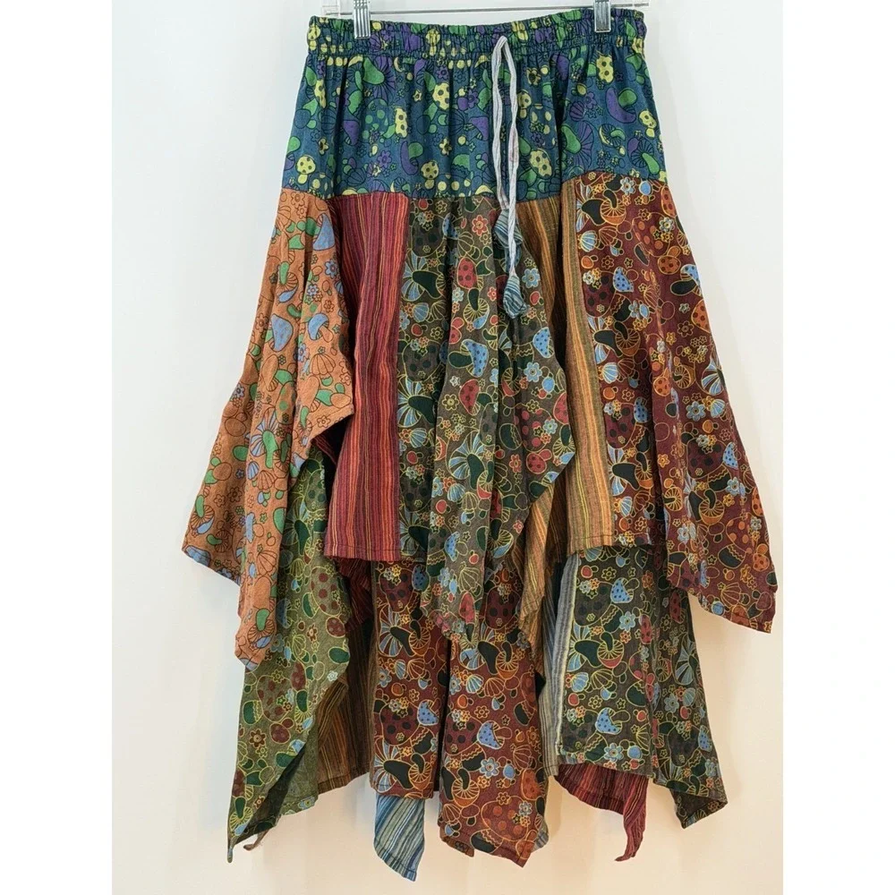 Kathmandu Imports Patchwork Mushroom Boho Hippie Cotton Handkerchief Skirt Nepal